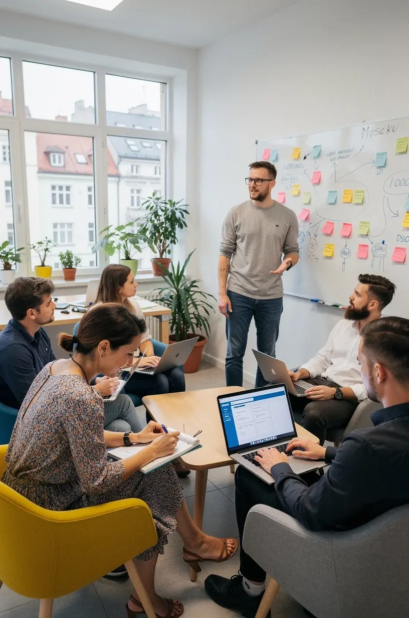 Spotkanie zespołu planującego harmonogram pracy na nadchodzący tydzień przy stole konferencyjnym.